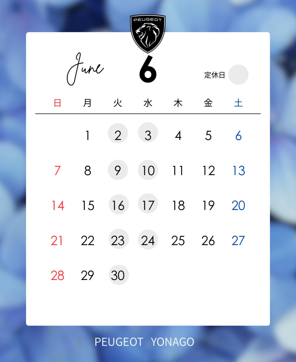 ６月定休日のお知らせです❁